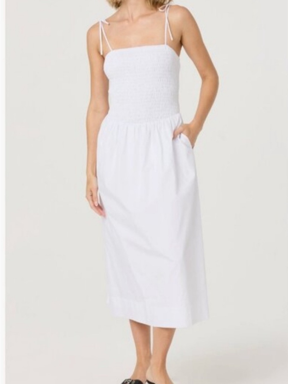 ASTR The Label White Smocked Cotton Midi Dress Tie Strap Pockets NWT Small
